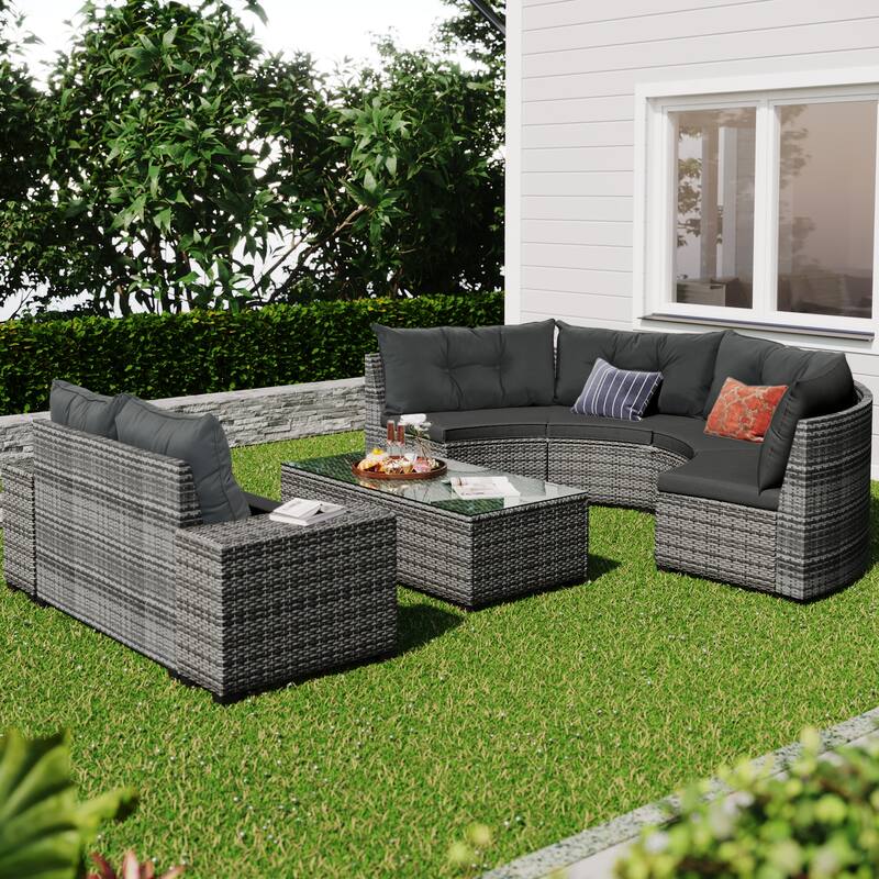 8-Piece Half-Moon Sectional Sofa Set with Rectangular Table