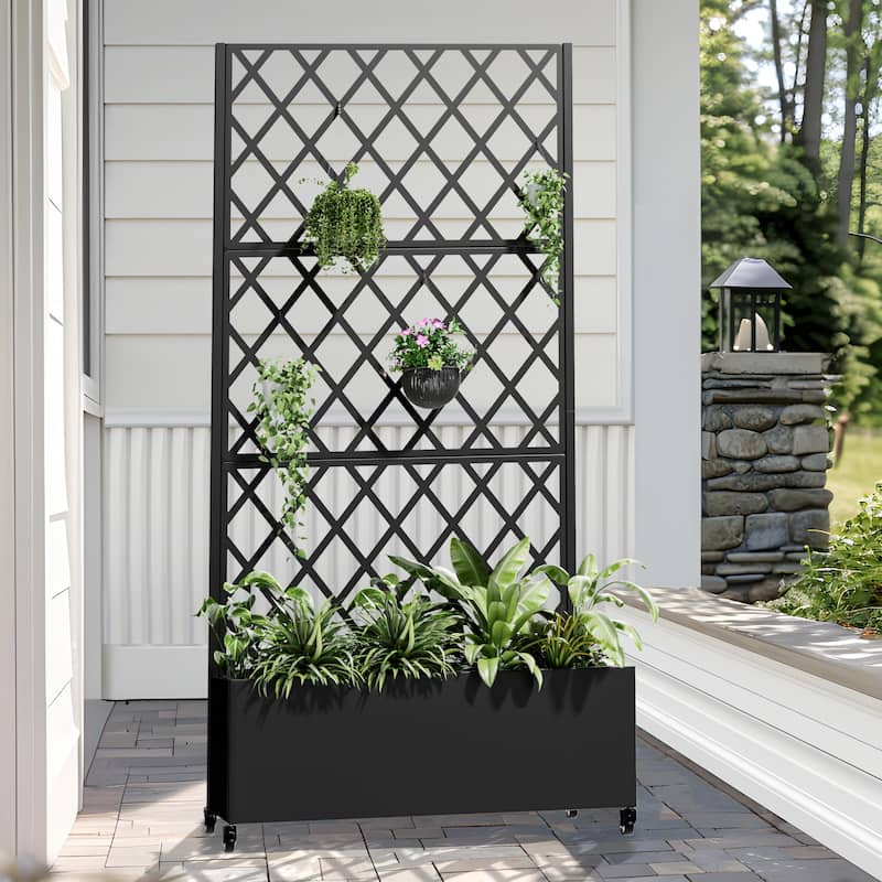 Raised Garden Bed Planter with Trellis Movable Planter Box with Lockable Wheels - 71*35