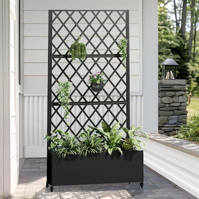Raised Garden Bed Planter with Trellis Movable Planter Box with Lockable Wheels - 71*35