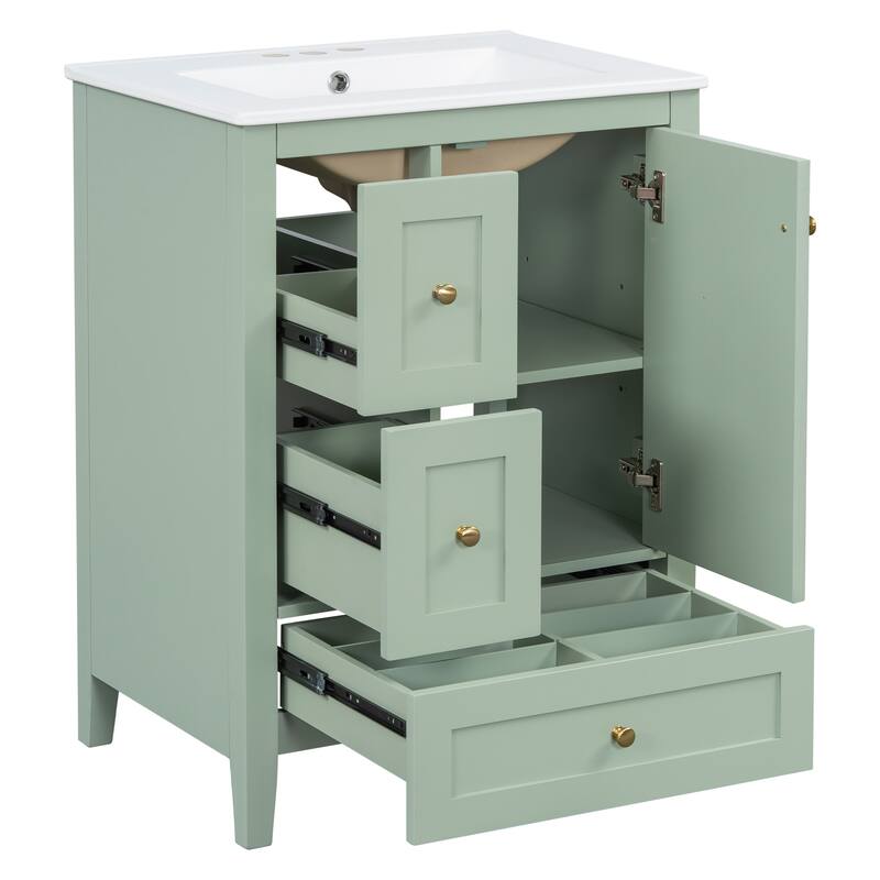 24-Inch Bathroom Vanity with Storage, Adjustable Shelf, MDF & Rubberwood, Removable Dividers, Green Finish
