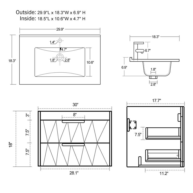 Wall Mount Vanity with Ceramic Sink SMC Sink Soft-Close