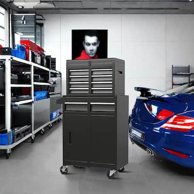 Modern and convenient work supply tool cabinet set with handles, drawers and cabinets, metal frame for garage workshop