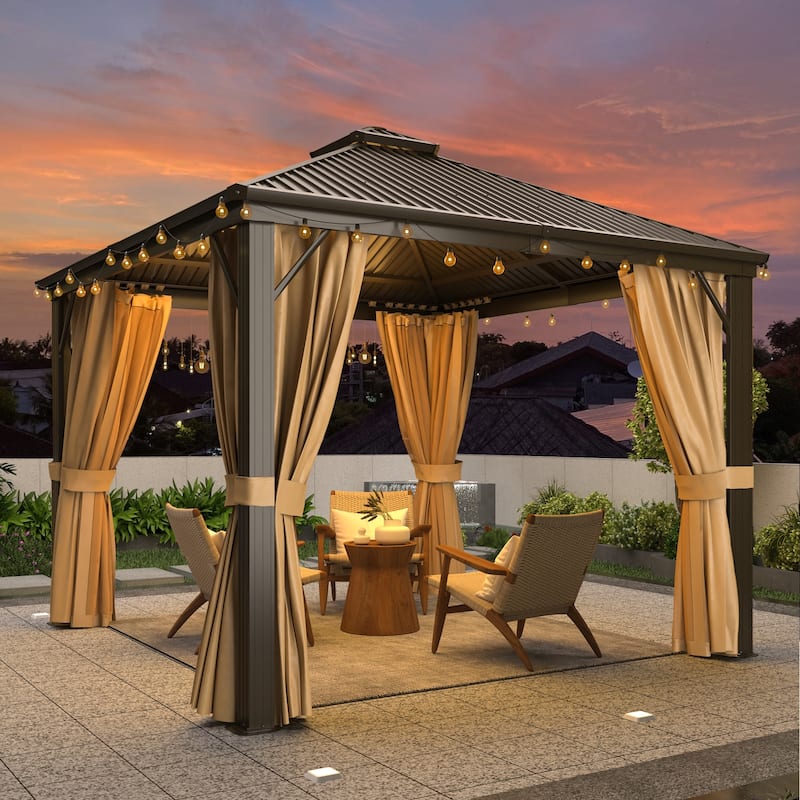 Erommy Hardtop Gazebo with Aluminum Frame and Double Roof, Permanent Outdoor Gazebo Includes Curtains&Netting for Patio Backyard - 10'x10' - Clearance Prime