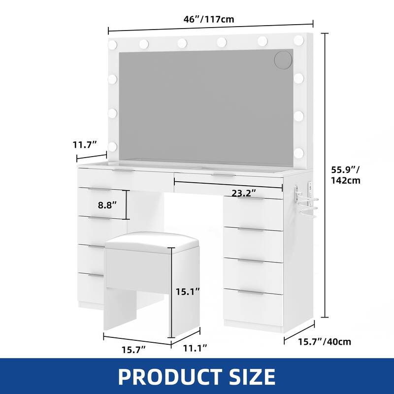 Moasis White 10-Drawer Cosmetic Vanity Desk Set with Glass Tabletop Makeup Vanity with LED Strip
