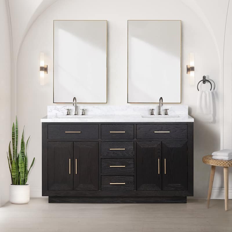 Lexora Abbey Bath Vanity, Carrara Marble Top, Faucet Set, and Mirror - 60 Inch - Black Oak