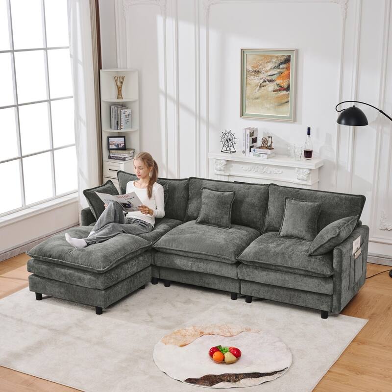 101.9" L-shaped Cashmere Sectional Sofa with Pillows and Movable Ottoman