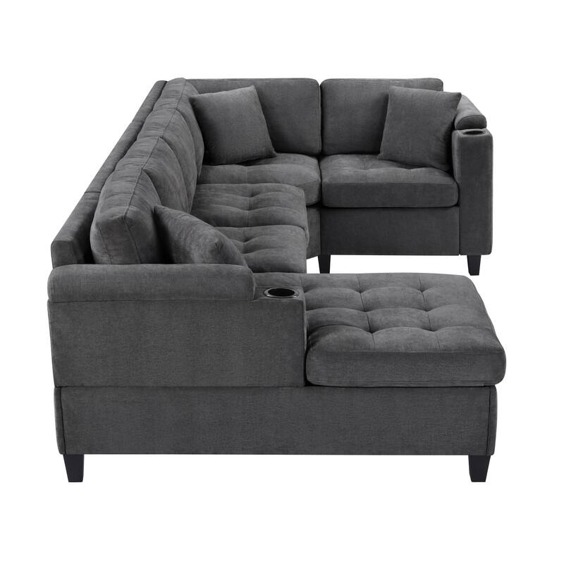 Oversized Corner Sectional, Modern U-Shaped Sectional Sofa with Built-in Storage Boxes and Dual Cup Holders, USB Ports, Pockets