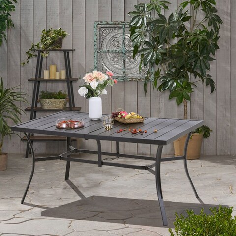 Sophia & William Metal Patio Dining Table Black Rectangular Outdoor Table with Steel Slat Top and 2.6" Umbrella Hole