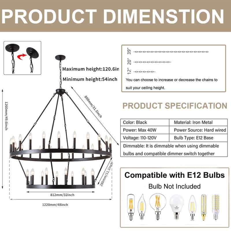 Large Modern Farmhouse Candle Chandeliers 2 Tier Black Wagon Wheel Chandeliers