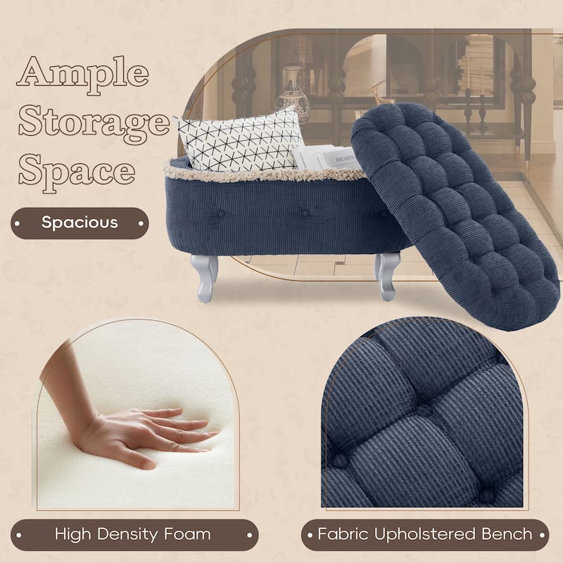 Roomfitters Upholstered Storage Bench with Button Tufted Top, End of Bed Bench with Fringe and Curved Legs