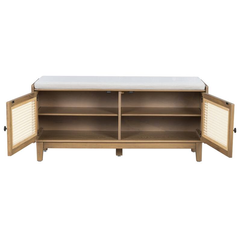 Boho Rattan Shoe Storage with Washable Cushion & Adjustable Shelves by Harper&Bright Designs