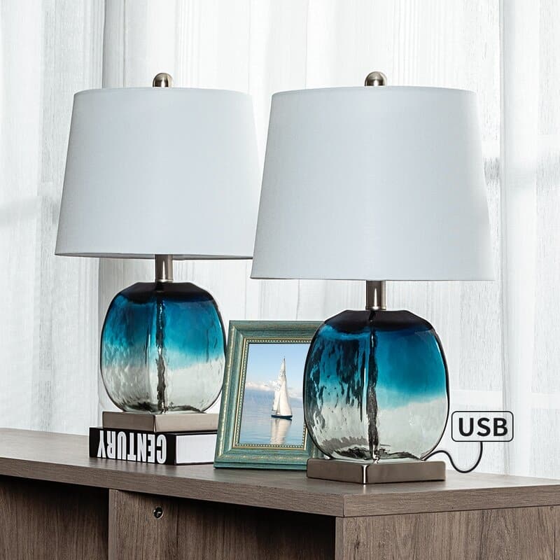 20.5" Blue Table Lamp Set with USB (Set of 2)