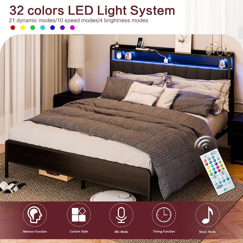 Queen Size Bed Frame with LED Headboard & USB Charging – Storage-Friendly Platform Bed with Snap Assembly