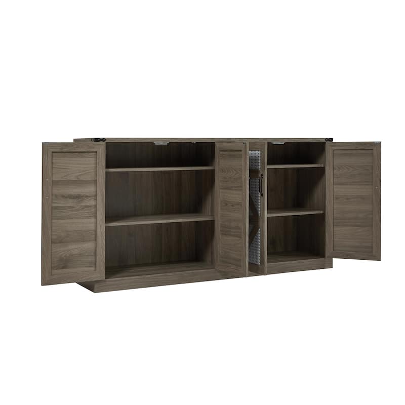 Faux Rattan Sideboard Adjustable Shelves Buffet Cabinet, Living Dining Room Accent Cabinet TV Cabinet Console Table, Stone Gray