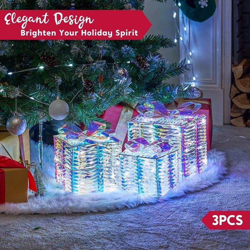 Christmas Lighted Gift Boxes - Set of 3 Iridescent Present Boxes for Indoor Holiday Décor