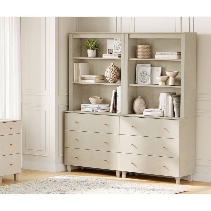 WAMPAT Modern 71" Tall Bookcase with 6 Drawers, 2 Columns 3-Tier