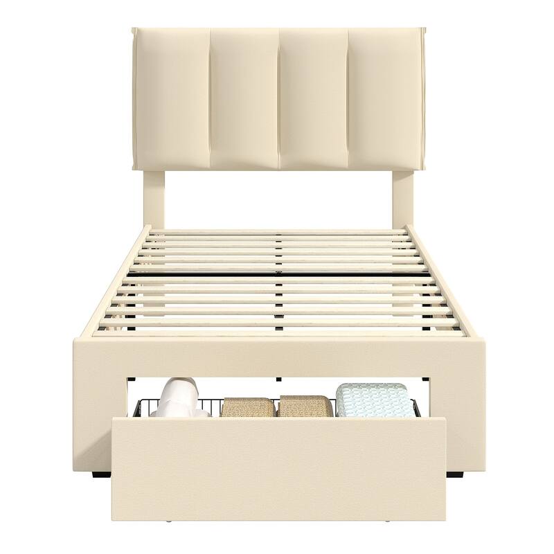 VECELO Set of 2 Kids Bed Frame with Storage Drawer Height Adjustable Upholstered Bed Twin Size Bed