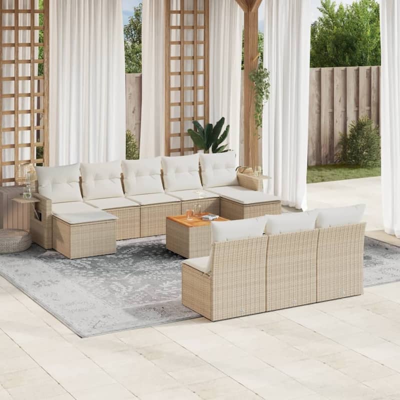 vidaXL Garden Sofa Set 11 Piece with Cushions Outdoor Sofa Set Poly Rattan - 24.4 x 24.4 x 27.2 in (W x L x H) - Beige and Cream
