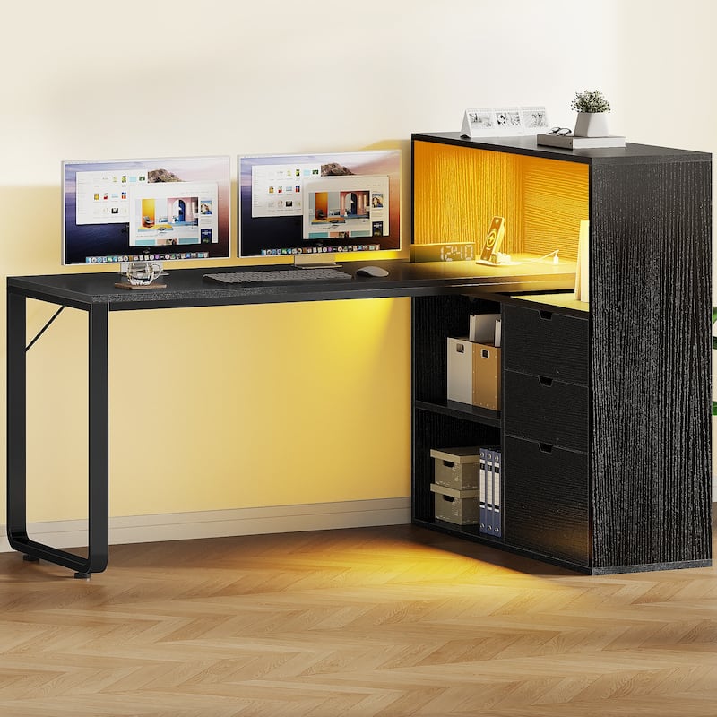 Moasis 55" LED L-Shaped Desk with Drawers and Cabinet, Corner Computer Desk with Power Outlets USB Ports