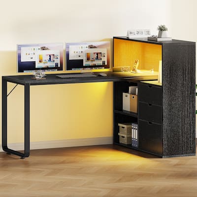 Moasis 55" LED L-Shaped Desk with Drawers and Cabinet, Corner Computer Desk with Power Outlets USB Ports