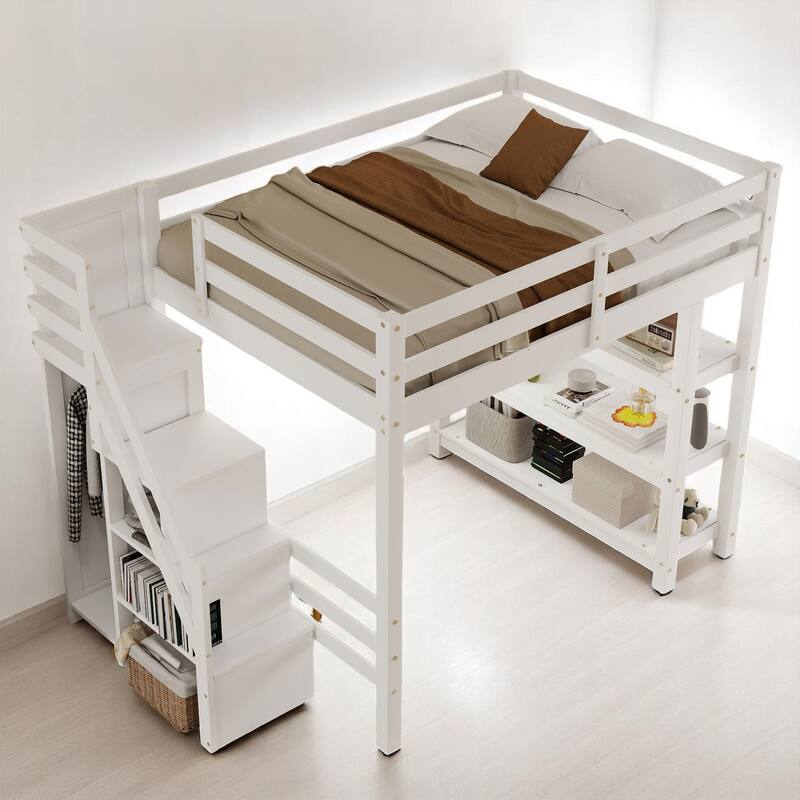 Twin/Full Size White Loft Bed with Storage Shelves, Staircase, Wardrobe & LED Light - Pine Wood Frame