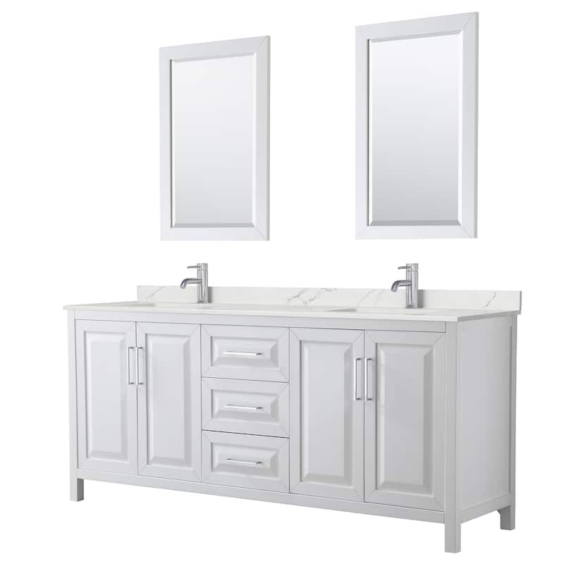 Daria 80-inch Double Vanity, Single Hole Quartz Top, 24-inch Mirrors - White, Chrome Trim, Giotto Quartz Top