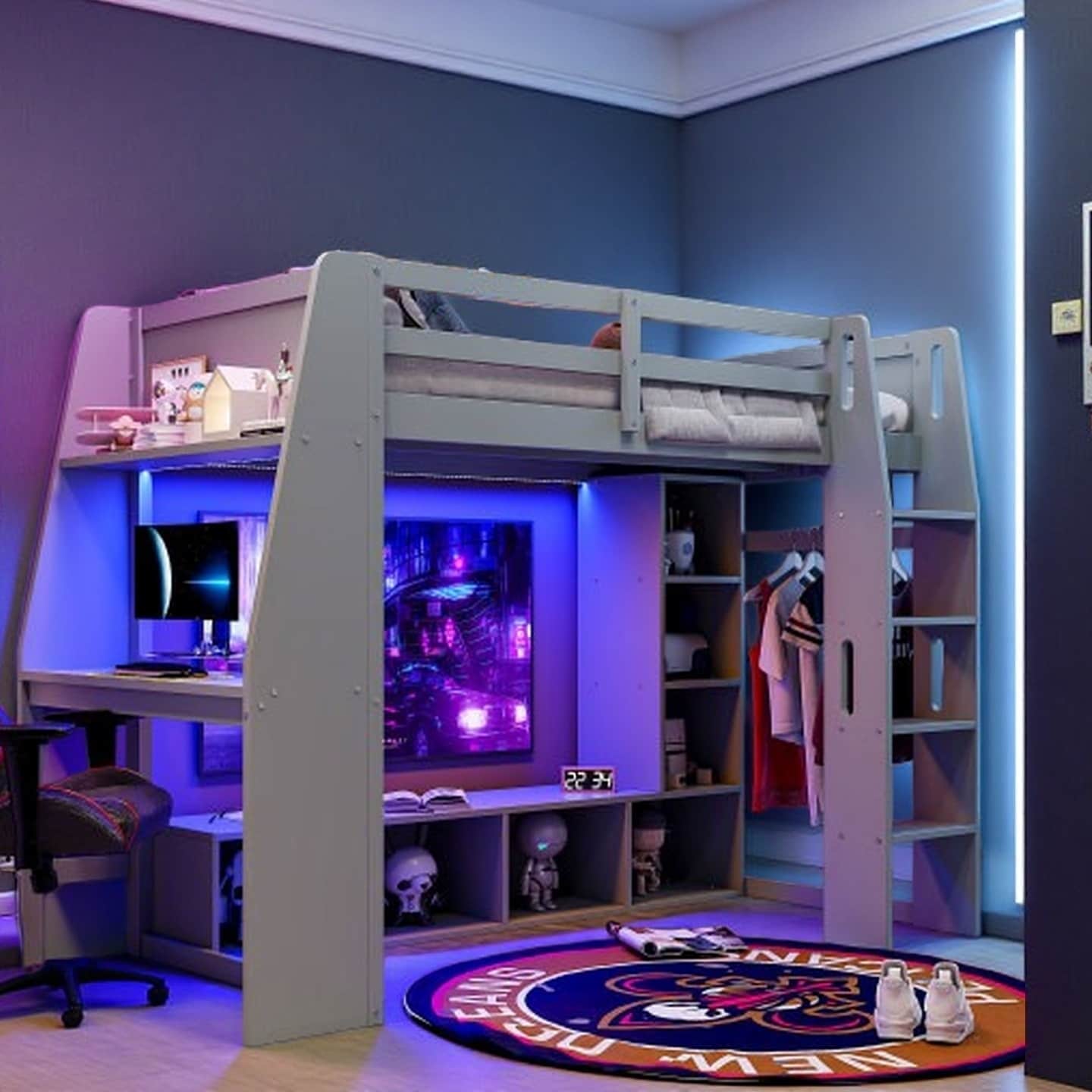 Full Size Wooden Loft Bed with Built-In Desk and Storage Cabinets, LED Lighting, Clothes Hanging Rail