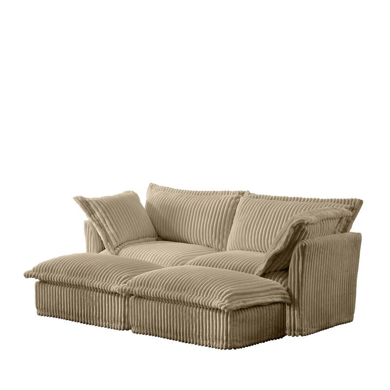 83.4" Corduroy 2-Seater Sofa Set with 2 Ottomans & Sleeper Function and Removable Slipcovers