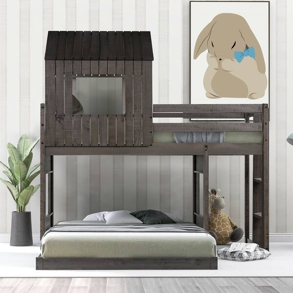 slide 2 of 17, Twin Over Full Playhouse Bunk Bed, Full Floor Bed, Twin Loft Bed Frame with Built-in 3-step Ladder, Guardrails, Roof and Windows Antique Grey - Twin