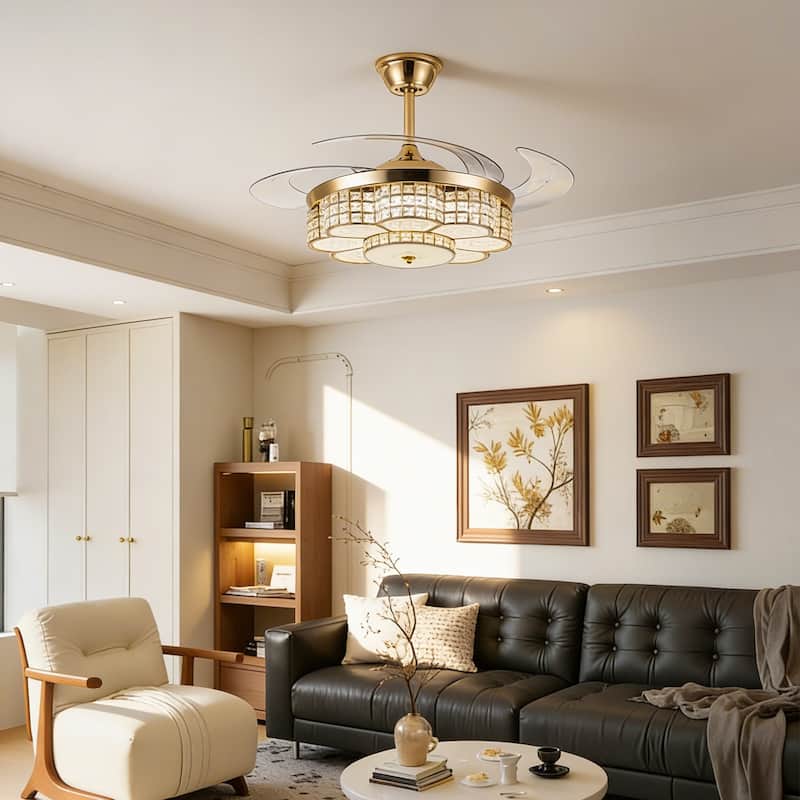 48" Crystal Chandelier Ceiling Fan with Light and Retractable Blades LED Dimmable DC Motor for Bedroom Living Room Kid's Room