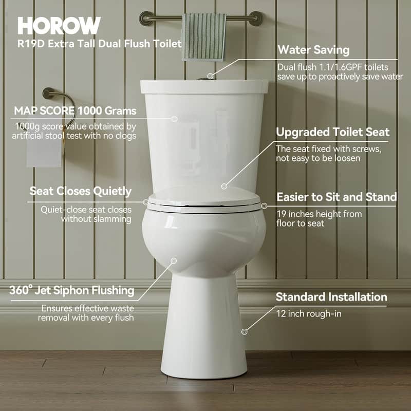 HOROW 19 Inch ADA Tall 2 Piece High Efficiency Dual Flush Round Toilet White 1.1 /1.6 GPF Strong Flush Seat Included - 19 Inch