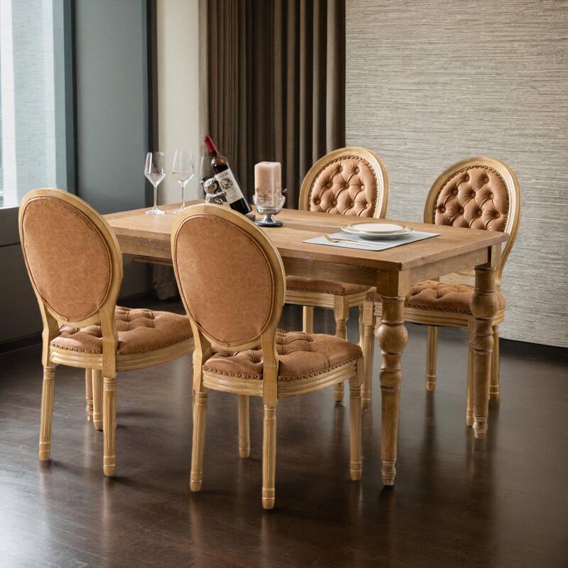 French Style Solid Wood Frame Antique Painting,Hand-pulled buckle decoration PU artificial leather Dining Chair Set of 2