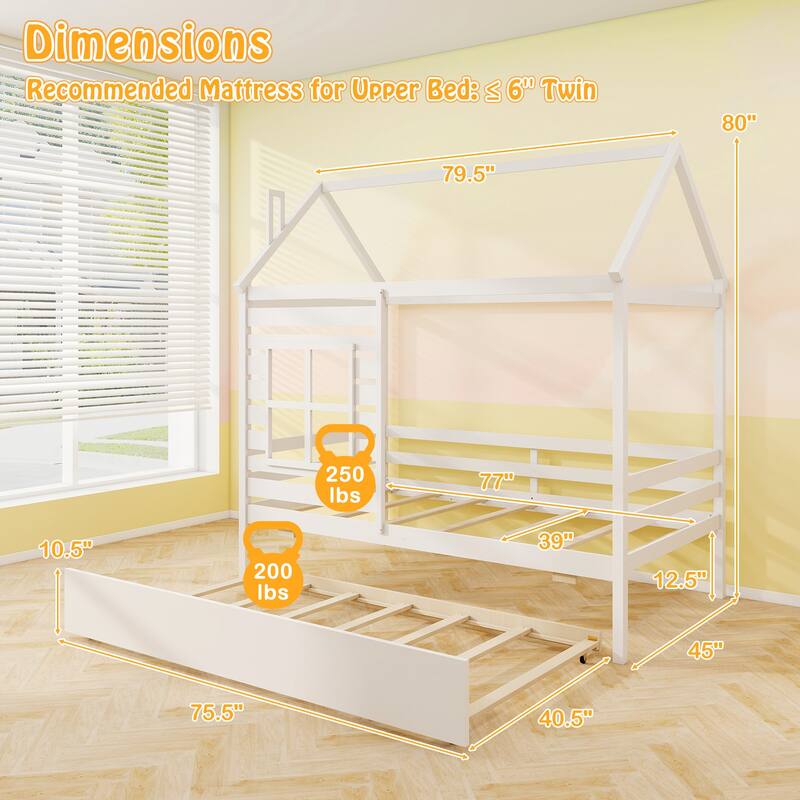 Gymax Twin Size House Bed with Trundle Wooden Platform Bed w/ Roof