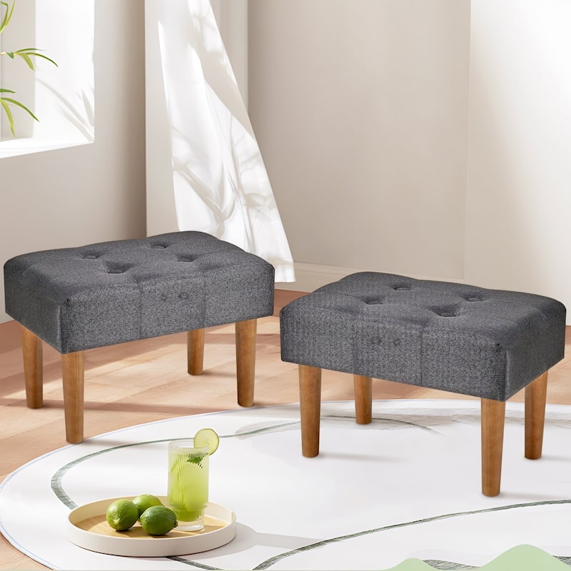 Javlergo Set of 1 or 2 Linen Ottoman Foot Rest with Wooden Legs Tufted Rectangle Upholstered Footstool for Couch Living Room - Set of 2 - Black