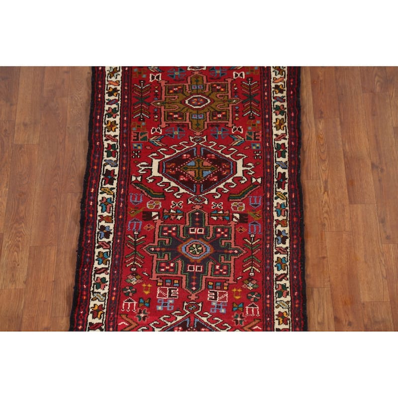 Tribal Geometric Gharajeh Persian Runner Rug Handmade Red Wool Carpet - 2'4"x 9'10"