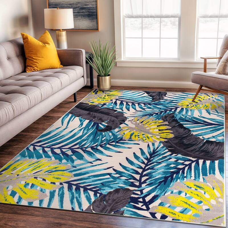 Contemporary Tropical Floral Leaves Non Slip Area Rug - Blue - 5' x 7' - Rectangle