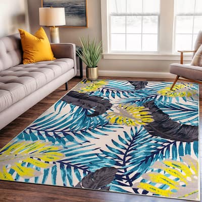 Contemporary Tropical Floral Leaves Non Slip Area Rug