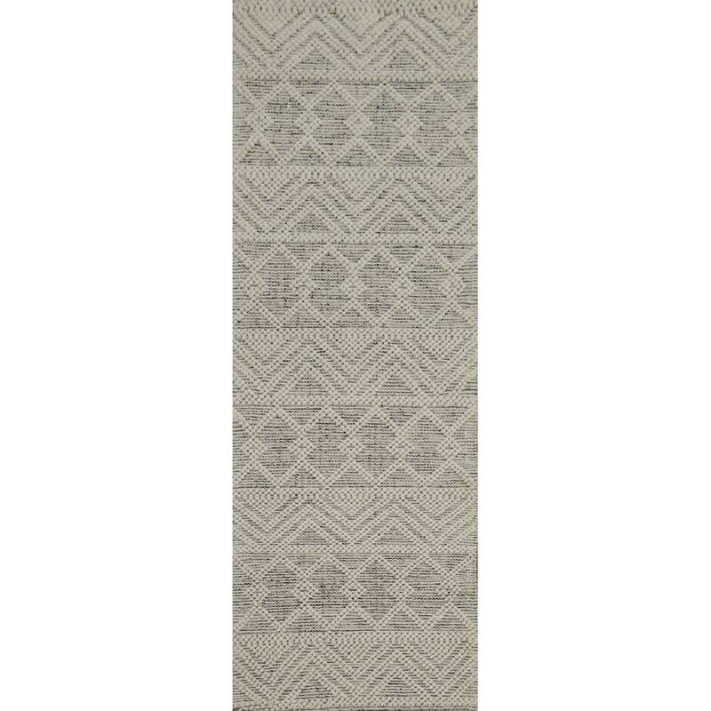 Hand Knotted Oriental 100% Wool Carpet Modern Geometric Beige & Ivories Modern Gotti Design Runner Rug - 7' 10'' X 2' 3''