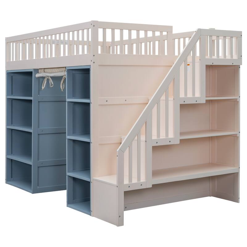 Full Size Solid Wood Loft Bed with Storage Cabinets and Curtain