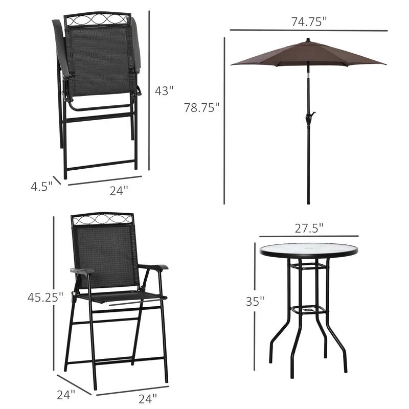 4 Piece Outdoor Patio Dining Furniture Set, 2 Folding Chairs, Adjustable Angle Umbrella, Wave Textured Tempered Glass Di