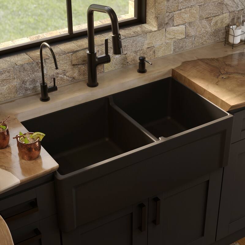 Karran 33" Double Bowl Panel Front Farmhouse Fireclay Kitchen Sink with Reversible Apron Front