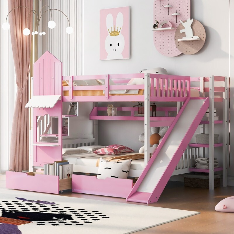 Castle Style Full Over Full Bunk Bed with 2 Drawers 3 Shelves and Slide Pink Blue