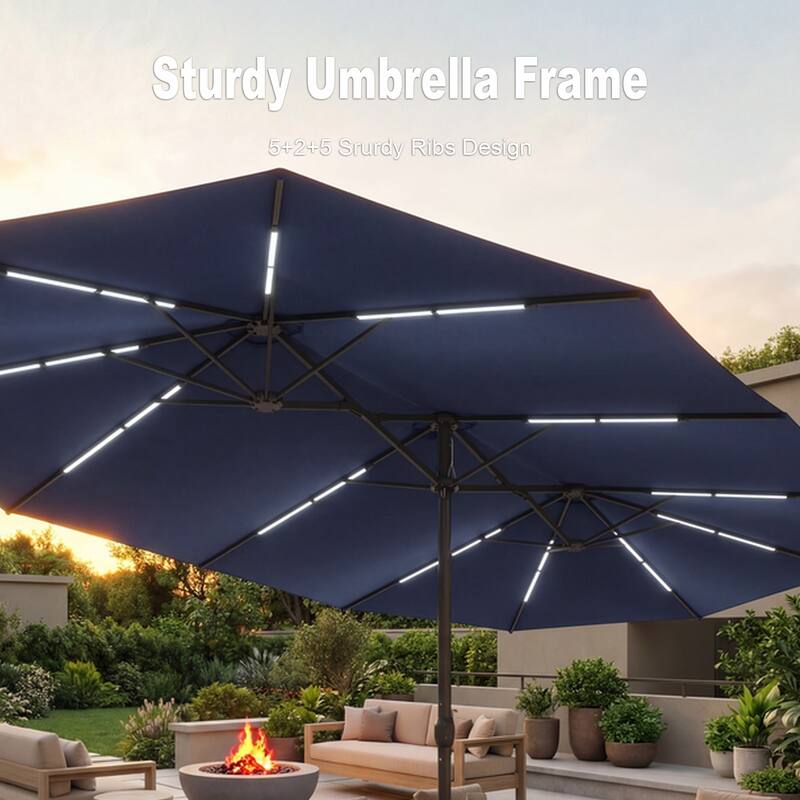15FT Solar LED Double-Sided Patio Umbrella with Base, 12 Light Strips, 2000mAh