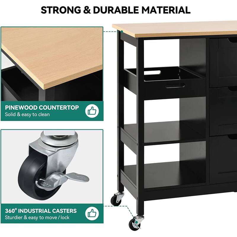 Kleio Solid Wood Top Kitchen Island Storage Cart with 3 Drawers Rolling