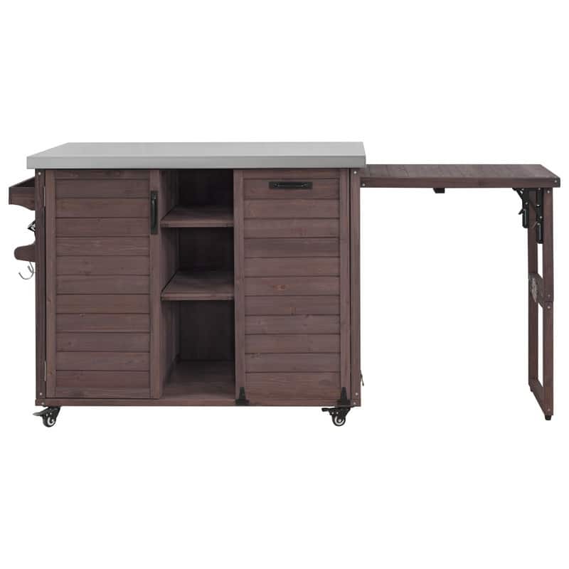 78.3" Outdoor Kitchen Island with Extendable Table, Trash Can Storage and Stainless Steel Top for BBQ Cooking