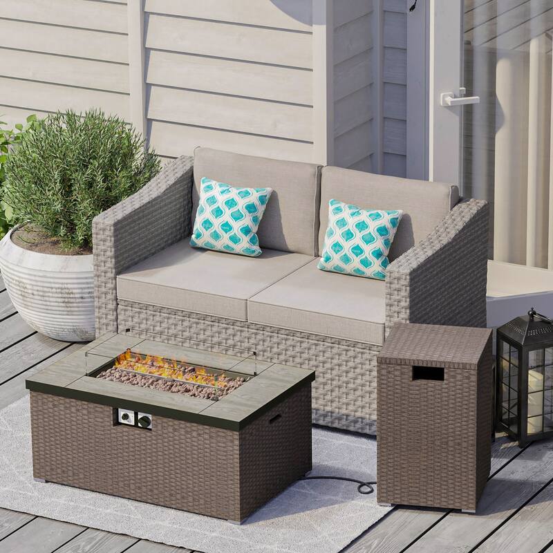 COSIEST 3-Piece Outdoor Wicker Cushioned Loveseat with Fire Pit Table Set - Blue
