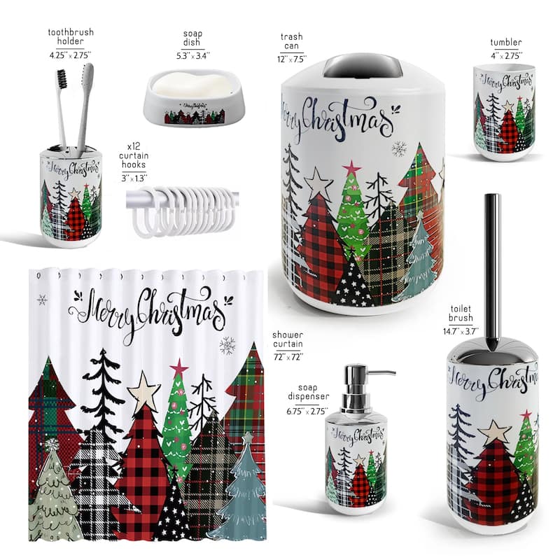 Empyrean Christmas Bathroom Set - Holiday Shower Curtain & Accessories with Soap Dispenser, Toilet Brush & Trash Can