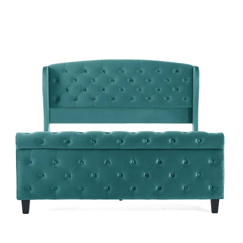 Christopher Knight Home - Amara Traditional Velvet Upholstered Sleigh Bed with Wingback Headboard & Scroll Footboard, Queen Size
