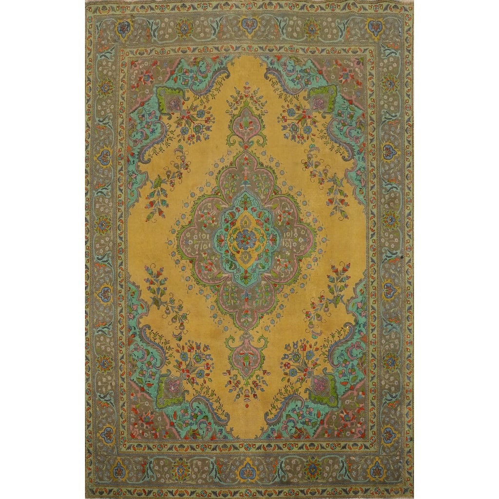 Hand Knotted Oriental 100% Wool Carpet Traditional Floral Yellow & Gold Tabriz Area Rug - 12' 3'' X 9' 5''