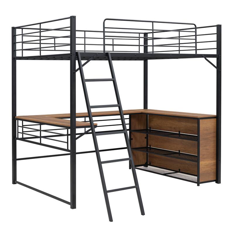 Full Size Metal Loft Bed with L-Shaped Desk and 3-Tier Shelves, Black